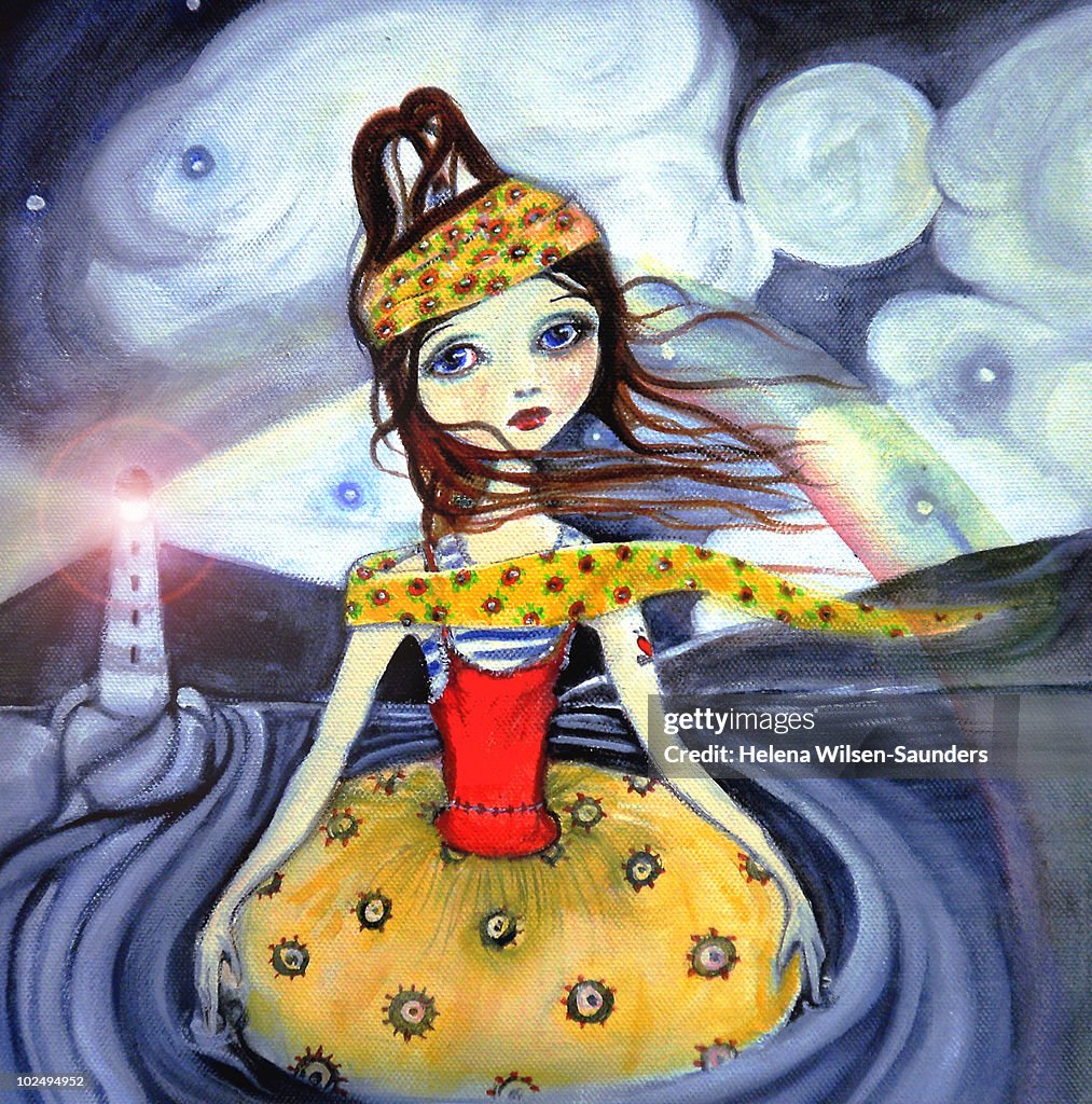 A whimsical painting of a child with a lighthouse in the background