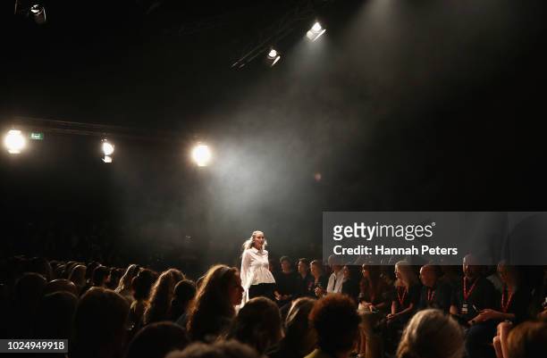 Model walks the runway during the Jarrad Godman Contemporary Salon show during New Zealand Fashion Week 2018 at Viaduct Events Centreâ on August 29,...