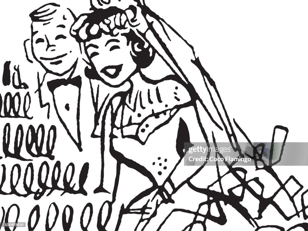 A black and white version of a bride and groom with a wedding cake