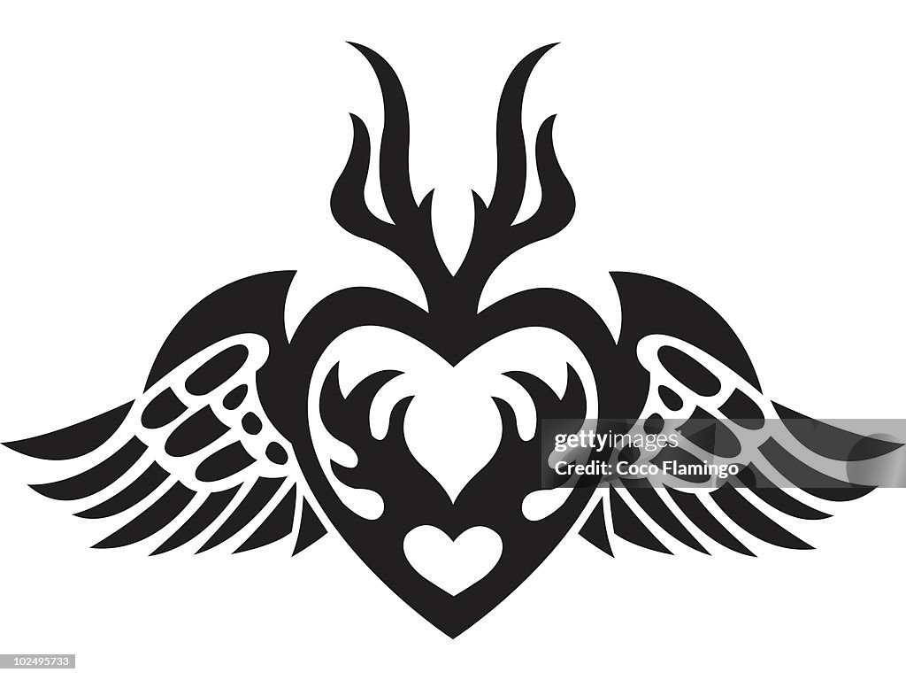 A black and white version of a stencil of a heart with wings