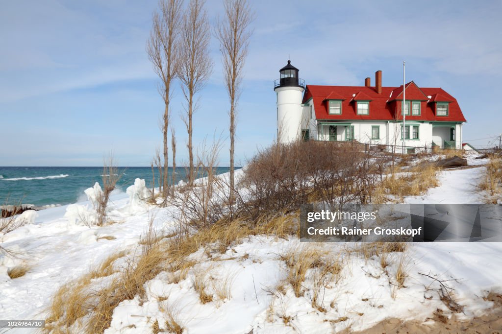 Point Betsie Lighthouse (1958) on Lake Michigan in winter