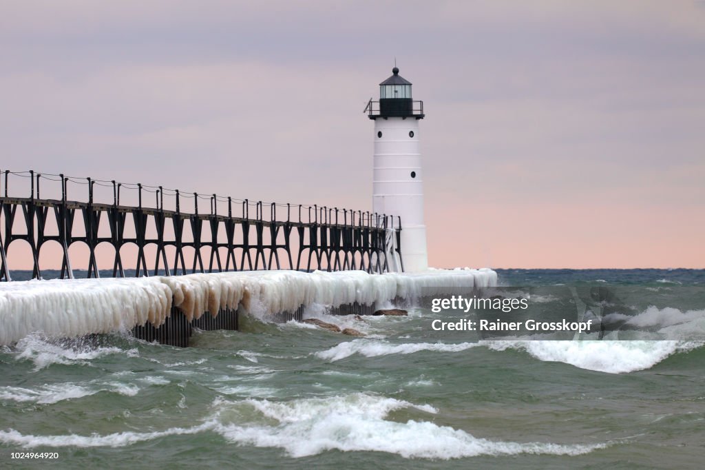 Lighthouse on Lake Michigan in winter