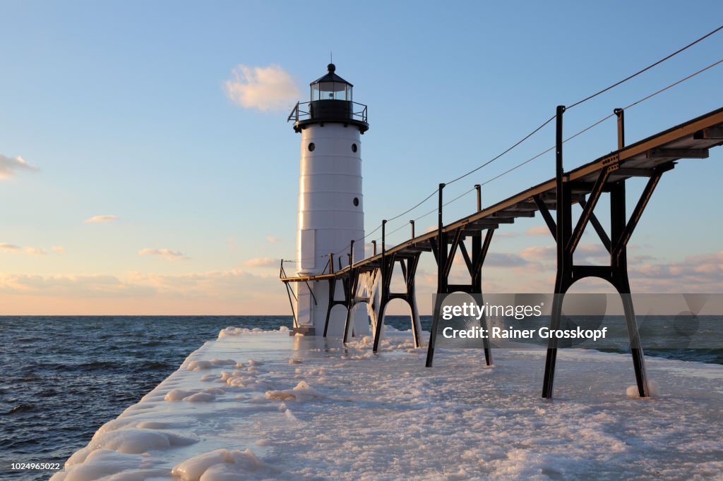 Lighthouse on Lake Michigan in winter