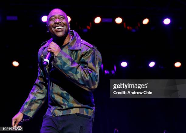 Singers Marvin 'Slim' Scandrick of 112 performs on stage at PNE Amphitheatre on August 28, 2018 in Vancouver, Canada.