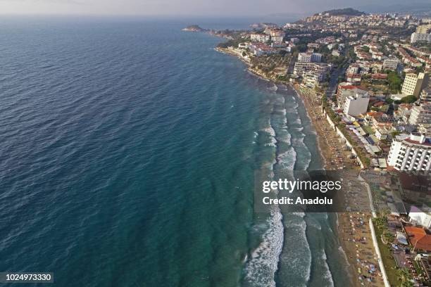 Drone photo shows Ladies Beach of Kusadasi district in Aydin, Turkey on August 16, 2018. 459 beaches including Ladies Beach have been awarded with...