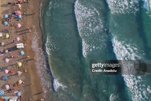 Drone photo shows Ladies Beach of Kusadasi district in Aydin, Turkey on August 16, 2018. 459 beaches including Ladies Beach have been awarded with...