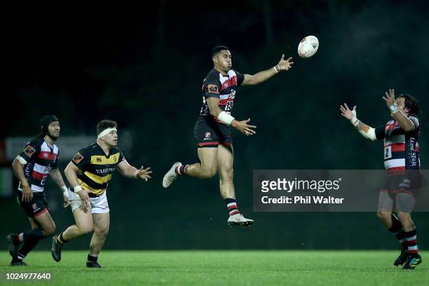 Nigel Ah Wong of Counties passes the ball during the round three Mitre 10 Cup match between Counties Manukau and Taranaki at ECOLight Stadium on...