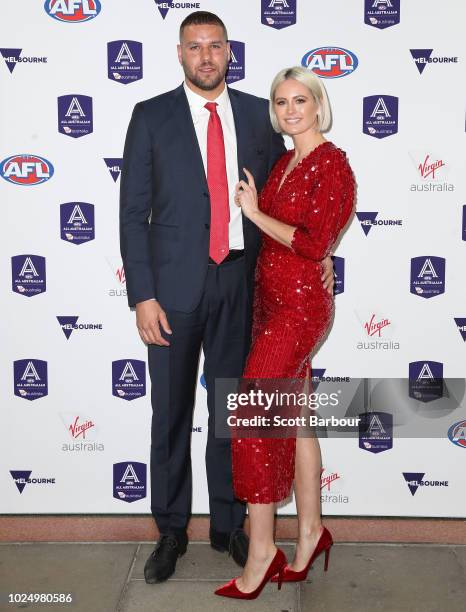 Lance Franklin of the Swans and Jesinta Franklin arrive during the 2018 AFL All-Australia Awards at the Palais Theatre on August 29, 2018 in...