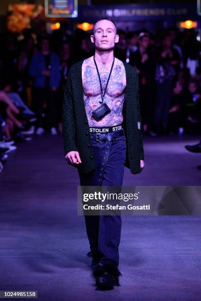 Model walks the runway during the Stolen Girlfriends Club show during New Zealand Fashion Week 2018 at Red Bull, on August 29, 2018 in Auckland, New...