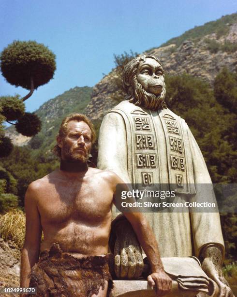 American actor Charlton Heston as astronaut George Taylor in the science fiction film 'Planet of the Apes', 1968.
