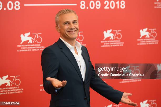 Official Competition jury member Christoph Waltz attends the Jury photocall during the 75th Venice Film Festival at Sala Casino on August 29, 2018 in...