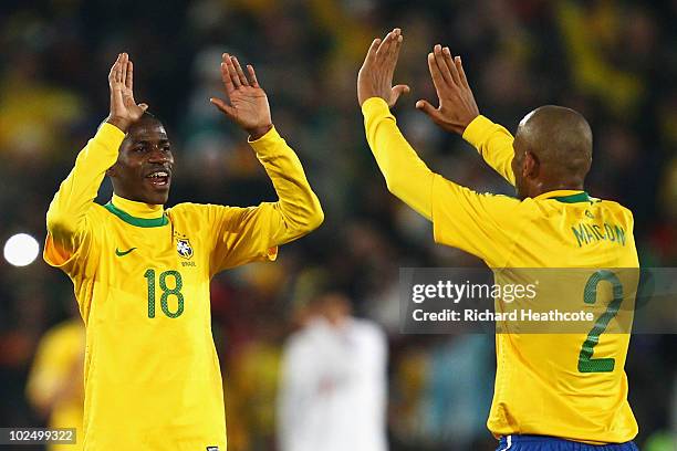 Ramires of Brazil celebrates with Maicon during the 2010 FIFA World Cup South Africa Round of Sixteen match between Brazil and Chile at Ellis Park...