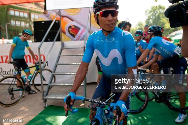 Movistar's Colombian cyclist Nairo Quintana waits for the start of the fifth stage of the 73rd edition of "La Vuelta" Tour of Spain cycling race, a...