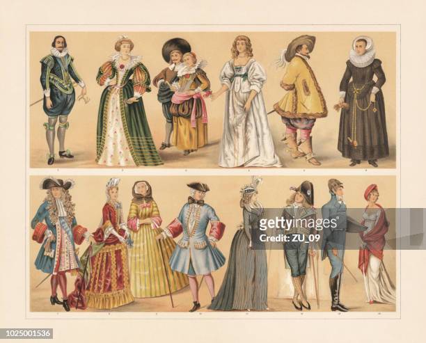 ilustrações de stock, clip art, desenhos animados e ícones de european costumes, 17th - 19th century, chromolithograph, published in 1897 - século xviii