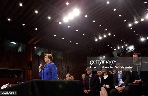 Supreme Court Justice nominee Elena Kagan is sworn in by Senate Judiciary Committee Chairman Sen. Patrick Leahy on the first day of her confirmation...