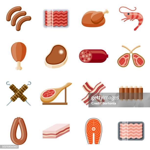 fleisch-flaches design-icon-set - garnelen stock-grafiken, -clipart, -cartoons und -symbole