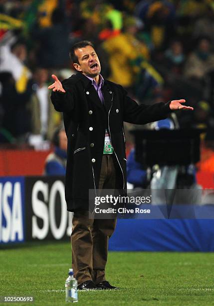 Carlos Dunga head coach of Brazil gestures during the 2010 FIFA World Cup South Africa Round of Sixteen match between Brazil and Chile at Ellis Park...