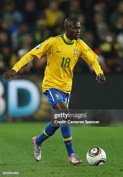 Ramires of Brazil runs with the ball during the 2010 FIFA World Cup South Africa Round of Sixteen match between Brazil and Chile at Ellis Park...