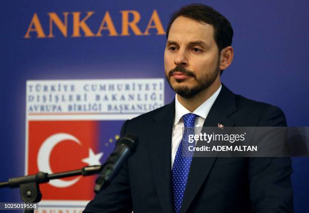 Treasury and Finance Minister Berat Albayrak looks on during a press conference after a "Reform Action Group" meeting held by the Presidency of the...