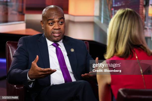 Ras Baraka, mayor of Newark, speaks during a Bloomberg Television interview in New York, U.S., on Wednesday, Aug. 29, 2018. Baraka discussed looking...