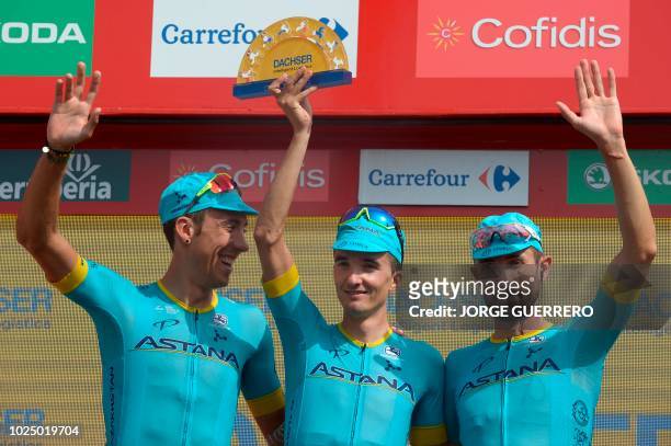 Astana's Spanish cyclist Omar Fraile Matarranz, Astana's Spanish cyclist Pello Bilbao Lopez de Armentia and Astana's Italian cyclist Dario Cataldo...