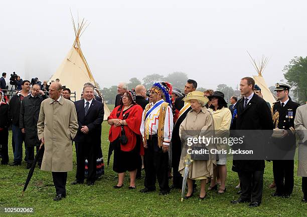 Queen Elizabeth II and Prince Philip, Duke of Edinburgh attend a Mi�kmaq event at Halifax Common on June 28, 2010 in Halifax, Canada. The Queen and...