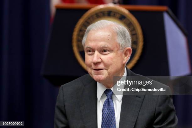 Attorney General Jeff Sessions delivers remarks at the beginning of a round table event with the Joint Interagency Task Force - South foreign liaison...