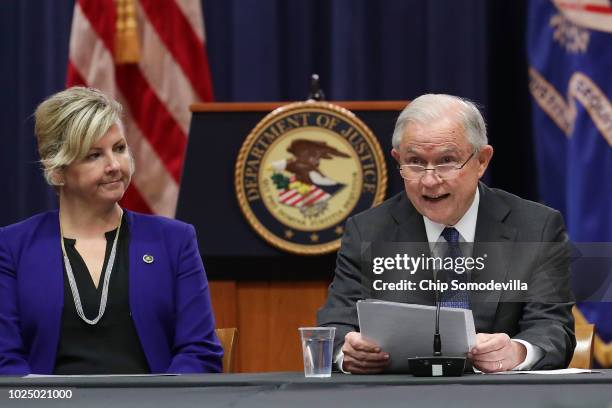 Attorney General Jeff Sessions delivers remarks at the beginning of a round table event with the Joint Interagency Task Force - South foreign liaison...