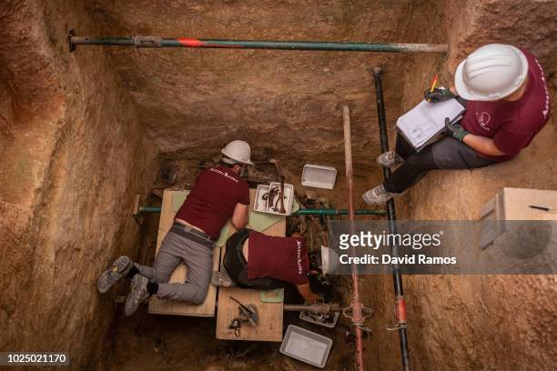 Anthtopologist volunteers work on the mass grave number 128 at the cementery of Paterna on August 29, 2018 in Paterna, Spain. According to local...