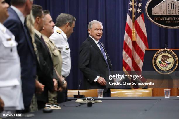 Attorney General Jeff Sessions arrives for a round table event with the Joint Interagency Task Force - South foreign liaison officers at the...