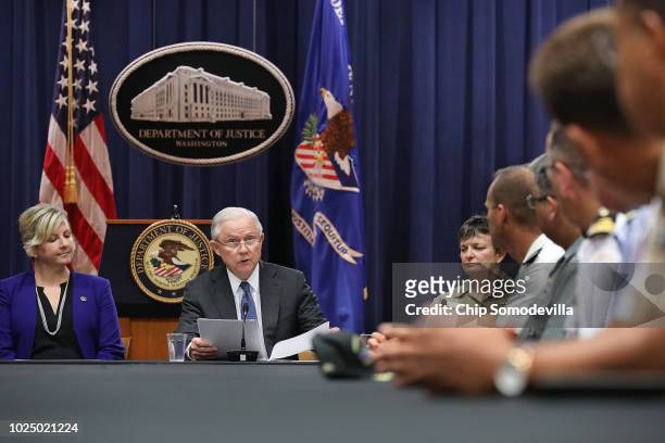 Attorney General Jeff Sessions delivers remarks at the beginning of a round table event with the Joint Interagency Task Force - South foreign liaison...