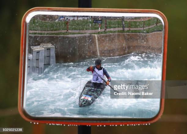 Mallory Franklin is seen in a mirror reflection in action during the Media Day at Lee Valley White Water Centre on August 29, 2018 in London, England.
