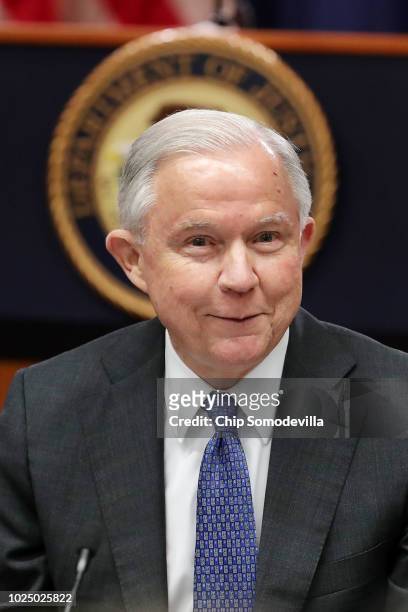 Attorney General Jeff Sessions delivers remarks at the beginning of a round table event with the Joint Interagency Task Force - South foreign liaison...