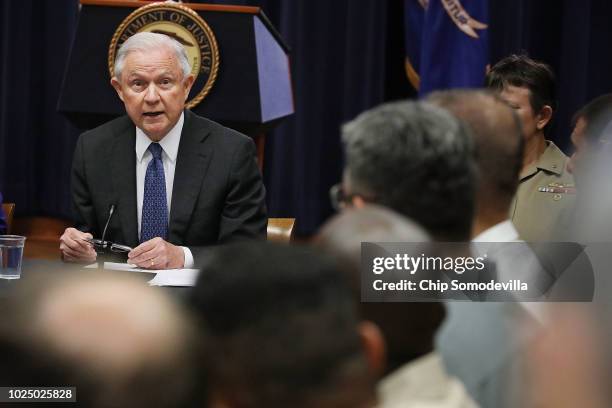 Attorney General Jeff Sessions delivers remarks at the beginning of a round table event with the Joint Interagency Task Force - South foreign liaison...