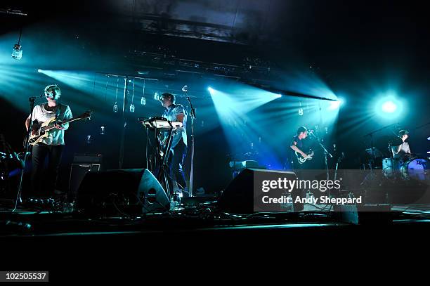 Chris Taylor, Daniel Rossen, Ed Droste and Christopher Bear of Grizzly Bear perform as part of the Serpentine Summer Sessions 2010 at Hyde Park on...