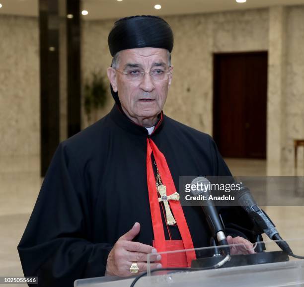 Lebanon's Christian Maronite patriarch Bechara Boutros al-Rahi speaks to the press following a meeting with Lebanese President Michel Aoun, at Baabda...