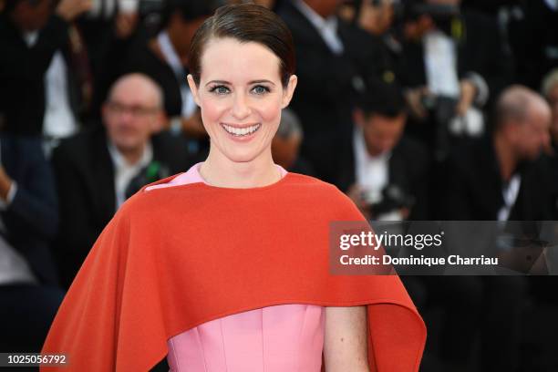 Claire Foy walks the red carpet ahead of the opening ceremony and the 'First Man' screening during the 75th Venice Film Festival at Sala Grande on...