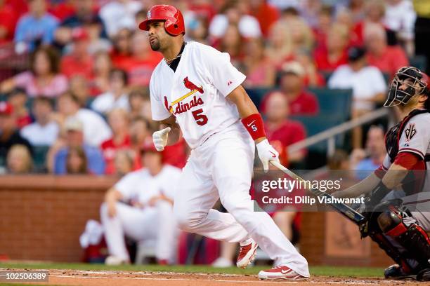 Albert Pujols of the St. Louis Cardinals hits an RBI double against the Arizona Diamondbacks at Busch Stadium on June 28, 2010 in St. Louis, Missouri.