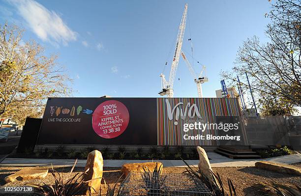 Sign says "100% SOLD" at the building site of Viva Carlton luxury apartments, in Carlton, an inner suburb of Melbourne, Australia, on Monday, June...