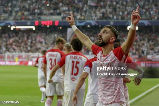 Munas Dabbur of Salzburg celebrates after scoring the opening goal during the UEFA Champions League match between FC Salzburg and Red Star Belgrade...