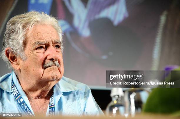 Former President of Uruguay during Pepe Mujica looks on during his speech about the Sustainable Agriculture at FICO Agri-Food Park Congress Centre on...