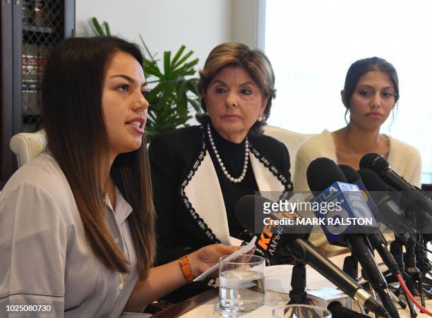 Attorney Gloria Allred with University of Southern California students Daniella Mohazab and Anika Narayanan announce that the medical license of USC...