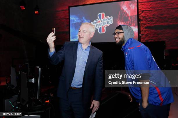 Brendan Donohue takes a selfie with xTFr3sHxX of the 76ers Gaming Club after the game against Wizards District Gaming during the NBA 2K League...