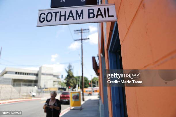 Sign advertises a bail bond company located near two jails on August 29, 2018 in Los Angeles, California. California Governor Jerry Brown signed a...