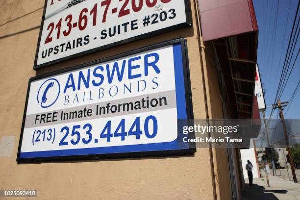 Sign advertises a bail bond company located near two jails on August 29, 2018 in Los Angeles, California. California Governor Jerry Brown signed a...