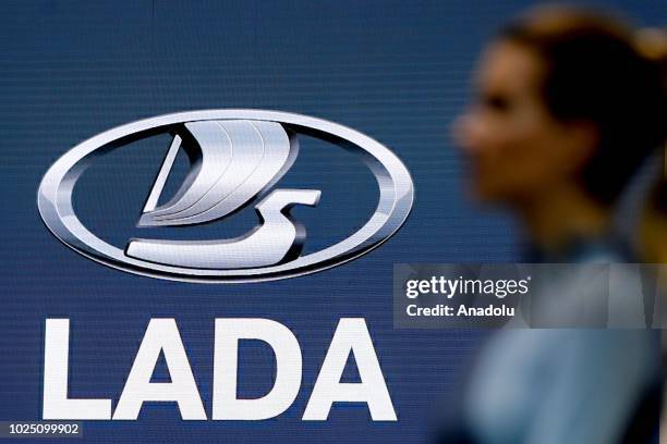Lada logo is seen during the 2018 Moscow International Motor Show at the Crocus Expo Exhibition Center in Moscow, Russia on August 29, 2018.