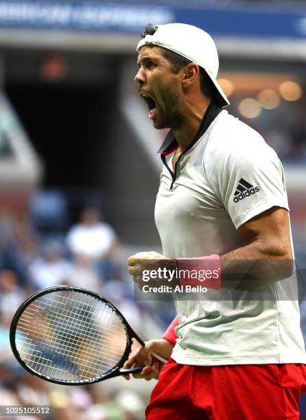 Fernando Verdasco of Spain celebrates victory during his men's singles second round match against Andy Murray of Great Britain on Day Three of the...