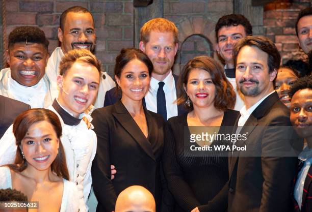 Meghan, Duchess of Sussex , Prince Harry, Duke of Sussex, Vanessa Nadal, and playwright Lin Manuel Miranda meet the cast and crew of "Hamilton"...