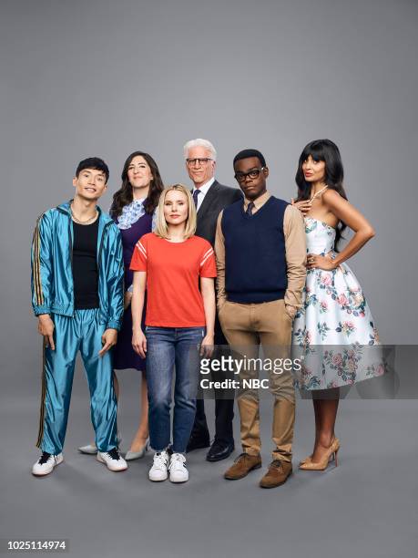 Season: 3 -- Pictured: Manny Jacinto as Jason, D'Arcy Carden as Janet, Kristen Bell as Eleanor, Ted Danson as Michael, William Jackson Harper as...