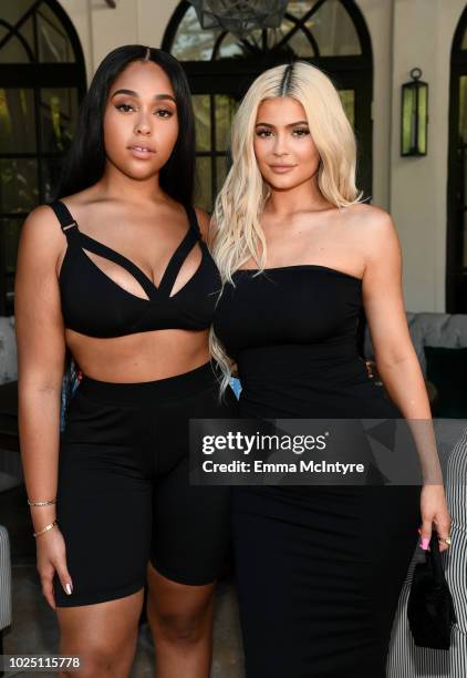 Jordyn Woods and Kylie Jenner attend the launch event of the activewear label SECNDNTURE by Jordyn Woods at a private residence on August 29, 2018 in...